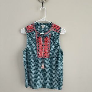 J. Crew Embroidered Arrow Tassel Blue Tank Top